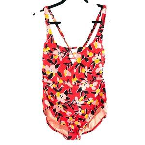 Beach Betty by Miracle Brands One Piece Swimsuit Keyhole Floral Red Size L